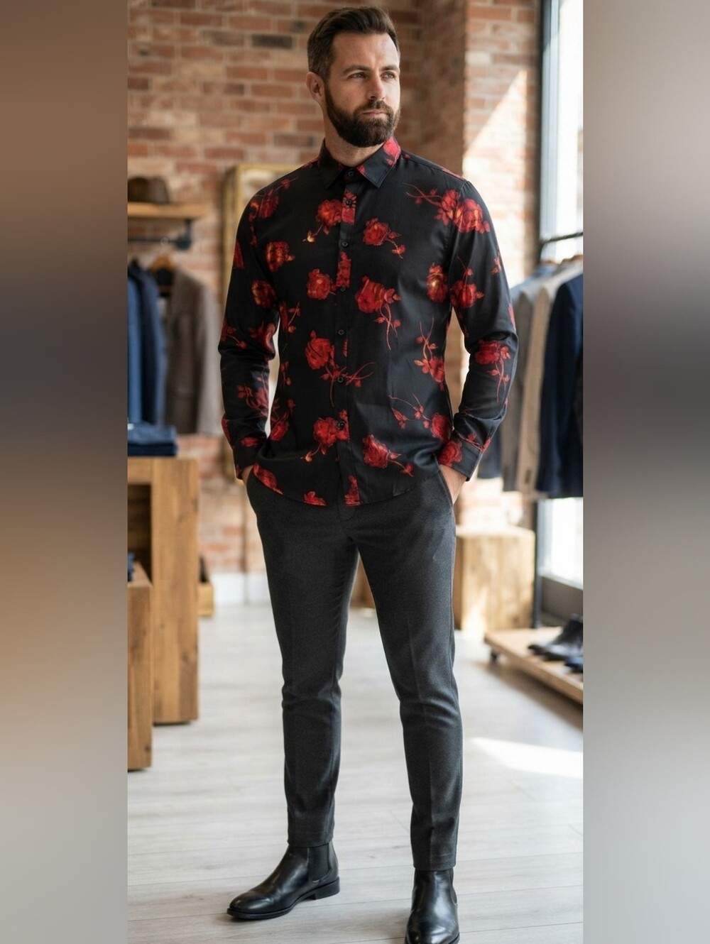 Zeroyaa Black Metallic Red Rose Button Up Collar Shirt Shiny Goth Rockstar XL